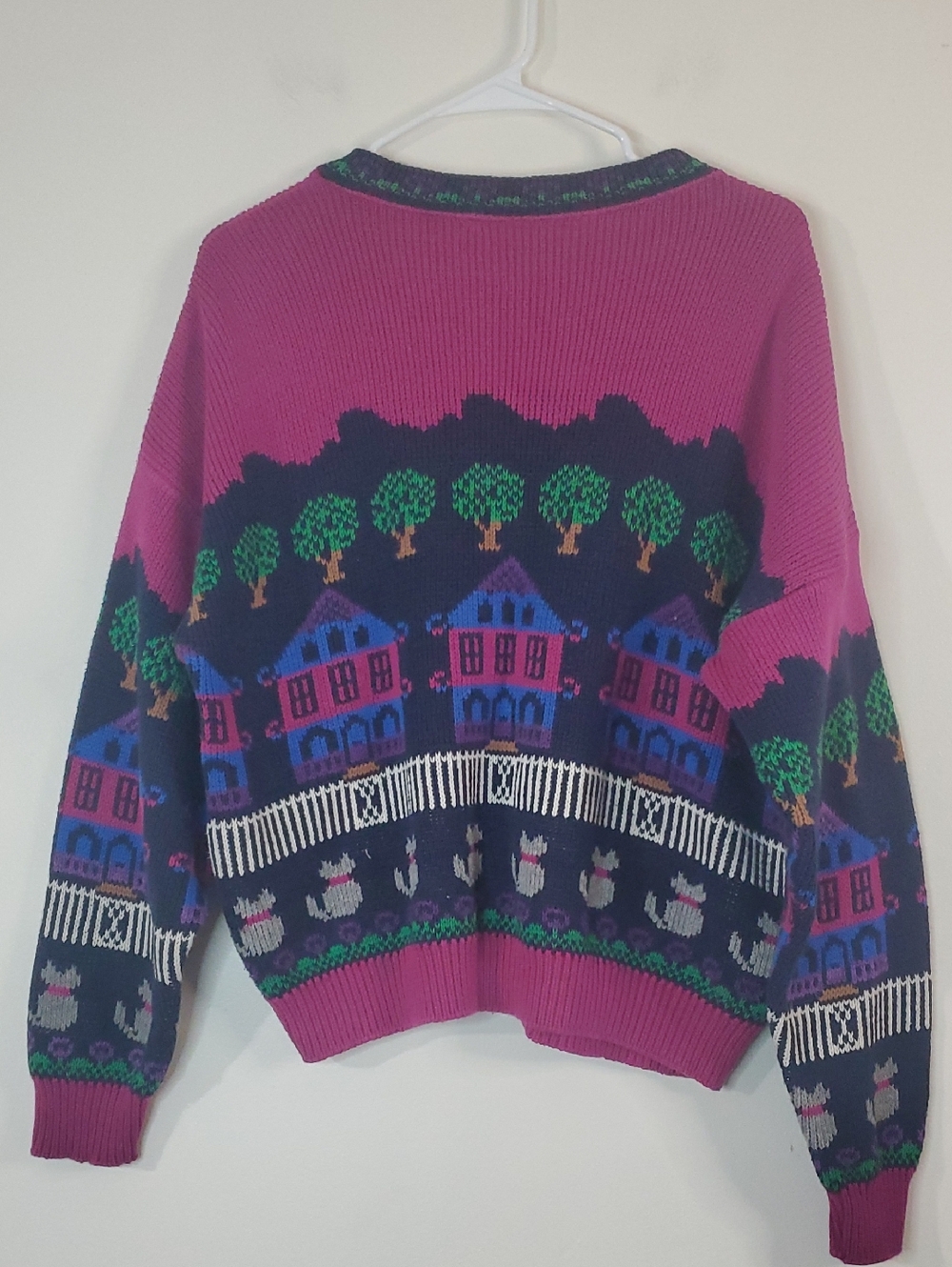 Vintage 80s Sutton Place Cats Village Motif Women’s Sweater Novelty - Picture 6 of 11
